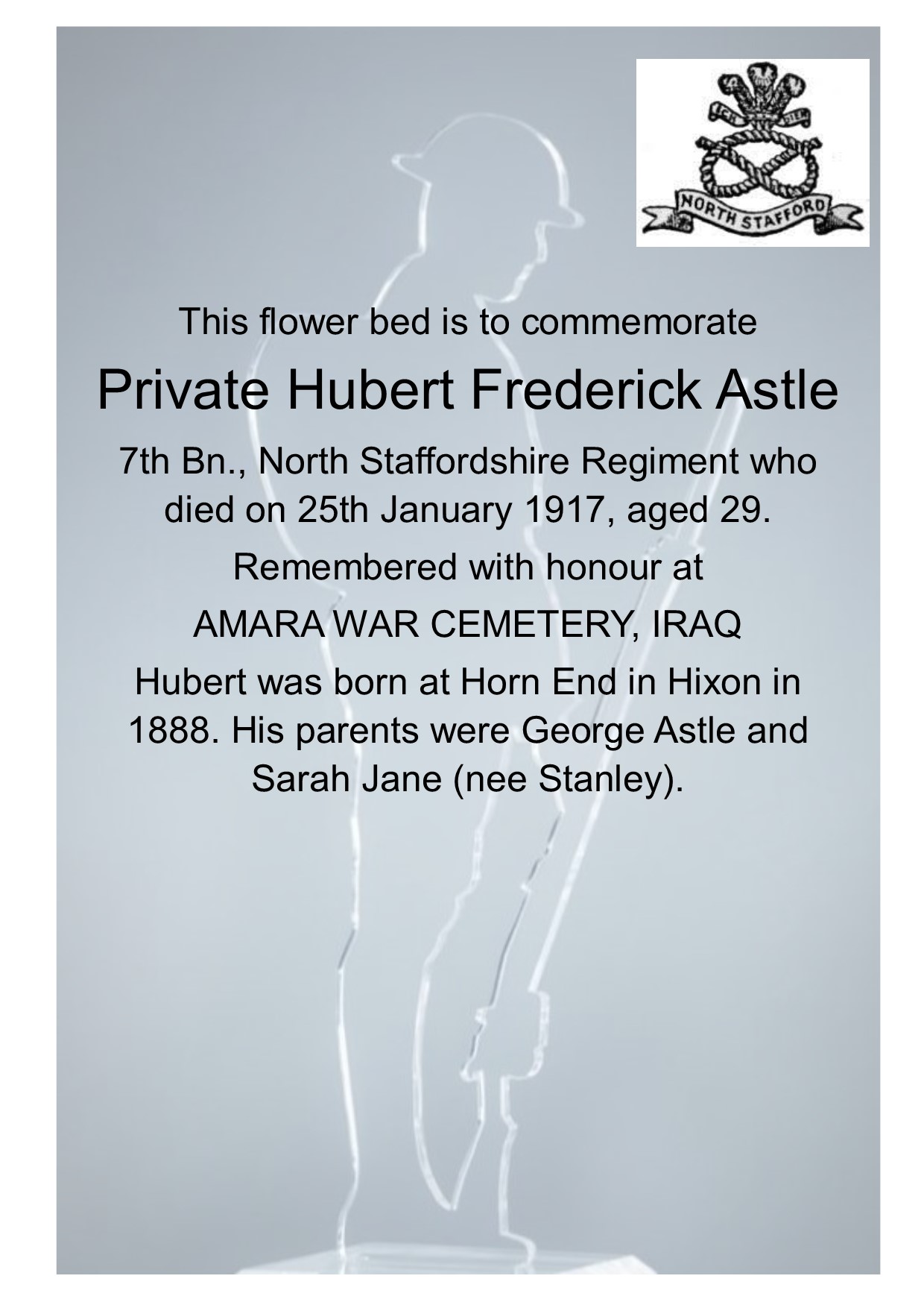 Memorial Flowerbeds Private Hubert Frederick Astle Hixon Parish Council